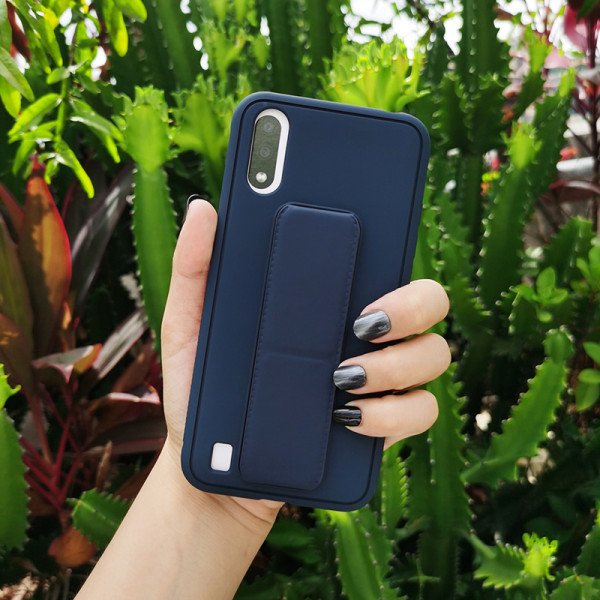 Wholesale PU Leather Hand Grip Kickstand Case for Samsung Galaxy A21 (Navy Blue)